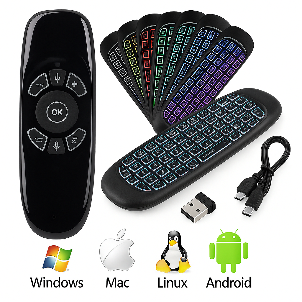 C120 RGB Air Mouse with Voice & Keyboard | 2.4GHz Wireless Remote Control for Android TV Box, Smart TV, PC, Laptop, Projector | Rechargeable Gyroscope Airmouse for LED, Mini QWERTY Keyboard, Best Air Remote for Android, Smart Boxes, Windows, Linux