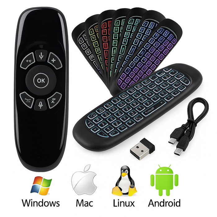 C120 RGB Air Mouse with Voice & Keyboard | 2.4GHz Wireless Remote Control for Android TV Box, Smart TV, PC, Laptop, Projector | Rechargeable Gyroscope Airmouse for LED, Mini QWERTY Keyboard, Best Air Remote for Android, Smart Boxes, Windows, Linux