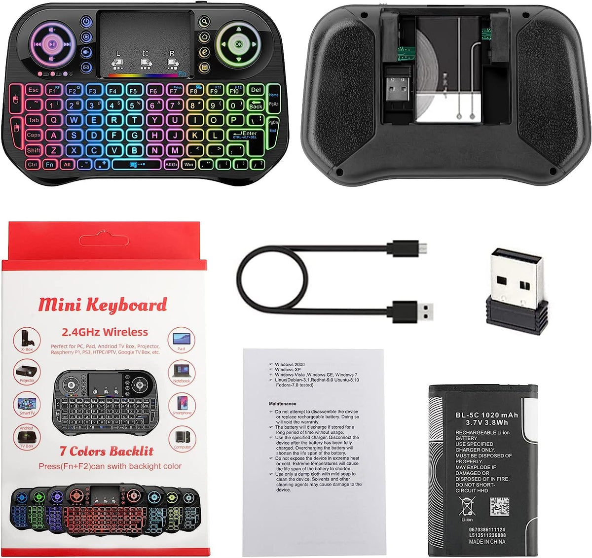 I10 MINI WIRELESS+BLUETOOTH TOUCHPAD 7 COLOR BACKLIT LIGHT 2.4GHZ