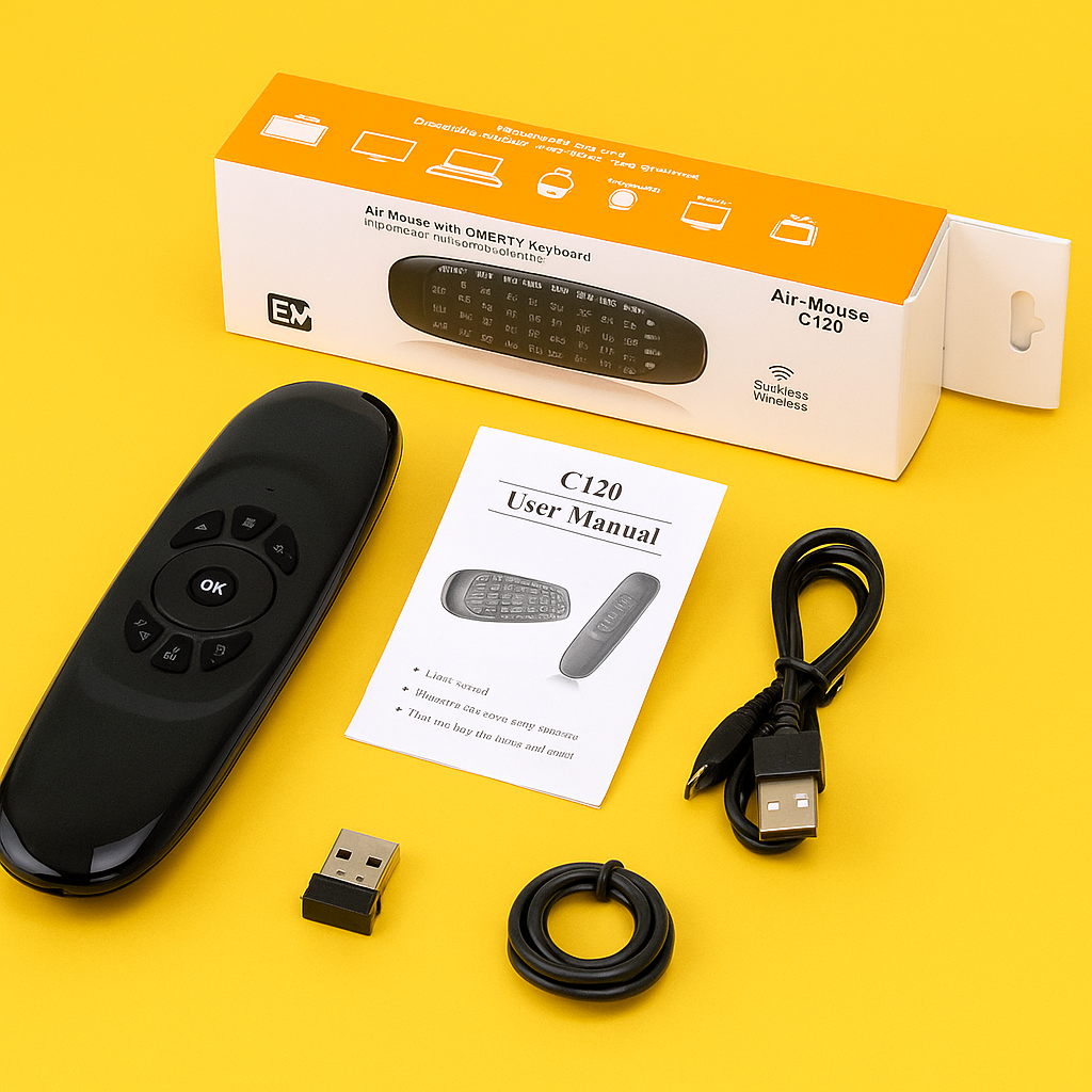 C120 RGB Air Mouse with Voice & Keyboard | 2.4GHz Wireless Remote Control for Android TV Box, Smart TV, PC, Laptop, Projector | Rechargeable Air Mouse with Gyroscope & Full QWERTY Mini Keyboard